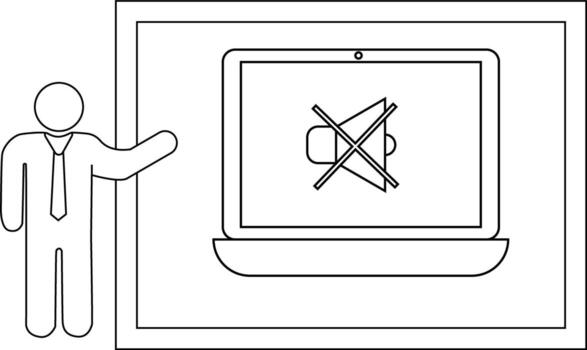 Line drawing figure gesturing to muted laptop on screen within rectangle frame vector