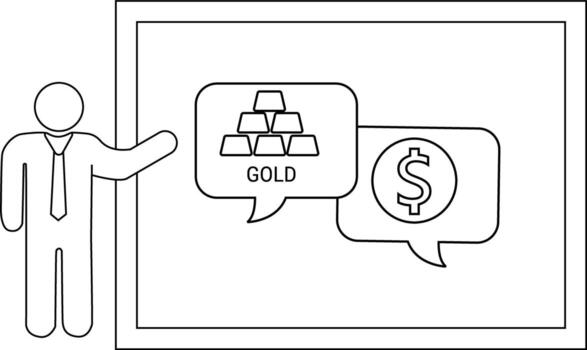 Image shows a figure pointing to a screen depicting gold and a dollar sign within speech bubbles vector