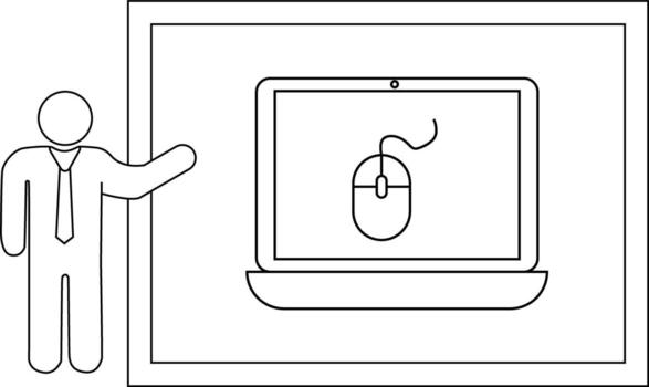Line art depicts a figure presenting a laptop displaying a mouse framed against a larger rectangle vector