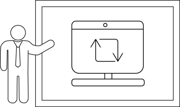A figure presenting a computer monitor with an update symbol on a screen framed by a rectangle vector