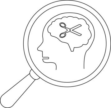 Magnifying glass over a head with brain and scissors inside all in outline vector