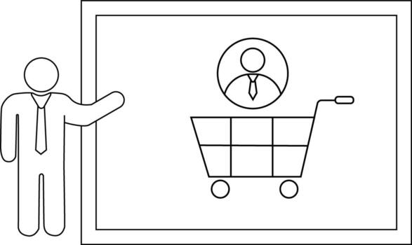 A man stands near a chart showing a person in a circle above a shopping cart vector