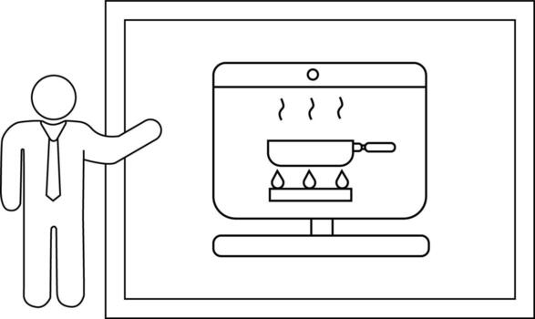 A stick figure stands next to a screen displaying a cooking scene with a pan on a stove vector