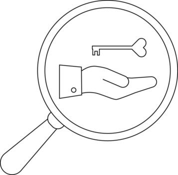 A magnifying glass frames a hand proffering a key set against a plain background vector