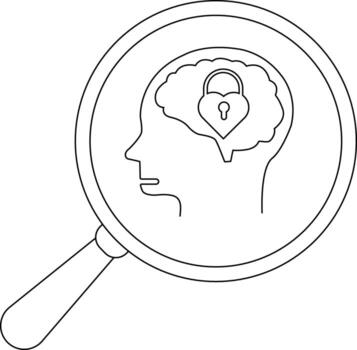 Head silhouette with brain inside viewed through magnifying glass heartshaped padlock in brain vector