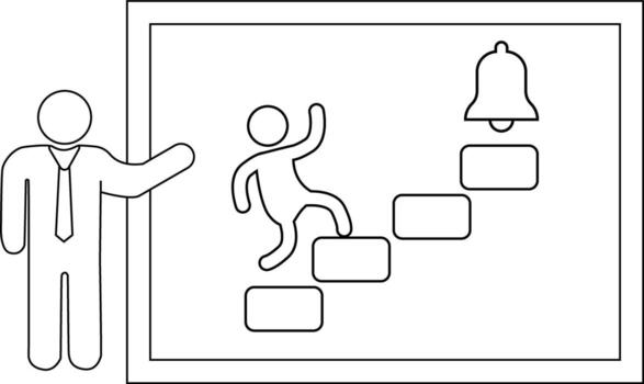 un palo figura sube pasos a un campana presentado por un persona en un traje dentro un enmarcado presentación tablero vector