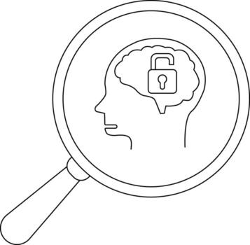 Outlined head with brain and unlocked padlock inside viewed under magnifying glass vector