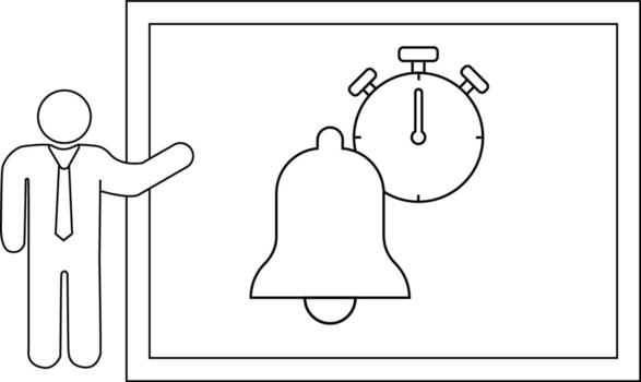 A stick figure gestures toward a frame containing a bell and a timer vector