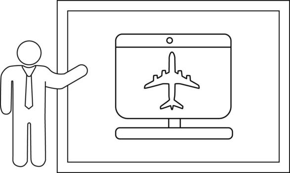 un palo figura hombre regalos un avión imagen en un monitor dentro un rectangular marco vector