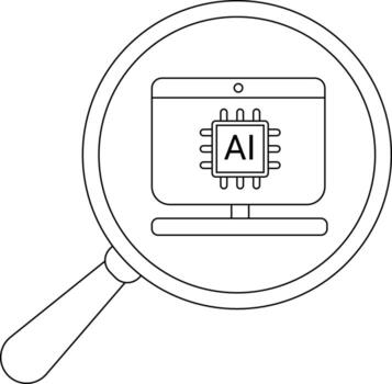 A computer monitor with AI on its screen magnified by a magnifying glass vector