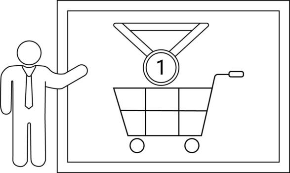 Man points to a chart showing a shopping cart with a medal marked 1 above it vector