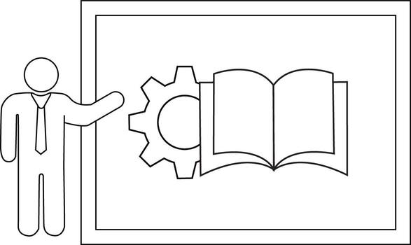 Line art drawing person points at gear open book within a frame vector