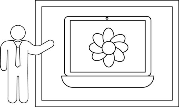 A stick figure points to a laptop displaying a flower within a doublelined frame vector