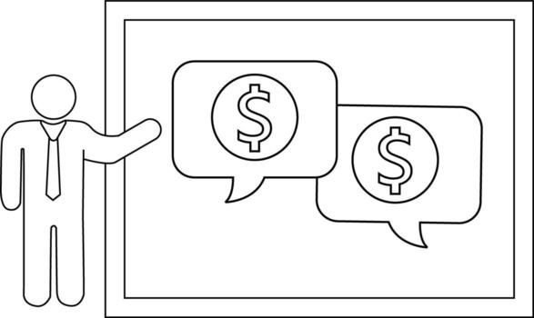 A simplified icon depicting a presentation on finance showing a figure gesturing towards speech bubbles with dollar signs vector