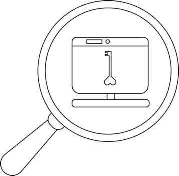 A magnifying glass focuses on a computer screen displaying a key symbol vector