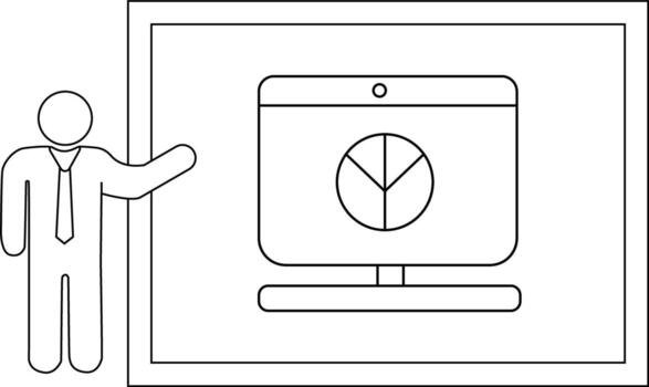 Person pointing at a screen with a pie chart inside of a frame vector