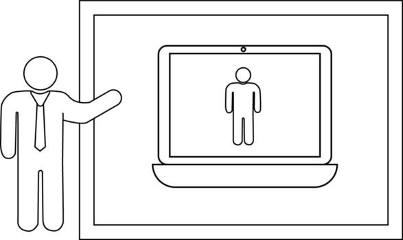 Cartoon person presenting a laptop with a figure on its screen in a boxframed setting vector