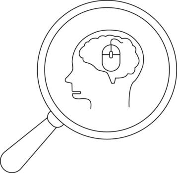 Magnifying glass over a human head containing a brain with a computer mouse inside vector