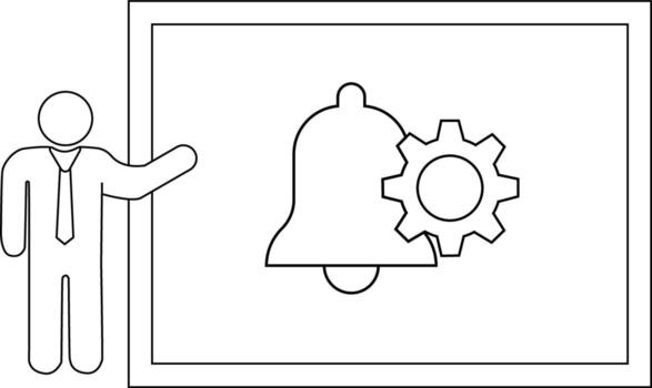 A simplified figure points to a board featuring a bell intersected with a gear vector