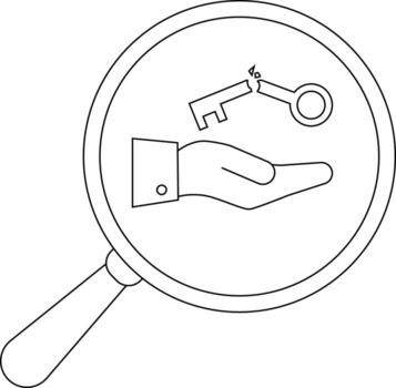 A magnifying glass reveals a hand holding a broken key within its frame vector