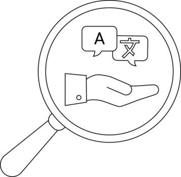 A magnifying glass focuses on a hand presenting speech bubbles with text A and a Chinese character vector