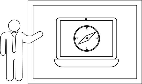 un presentador gesticulando hacia un ordenador portátil mostrando un Brújula dentro un enmarcado presentación vector