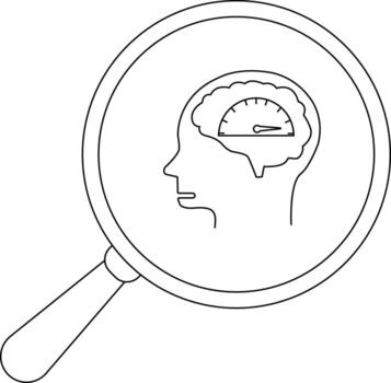 A magnifying glass reveals a profile of a head with a brain displaying a gauge vector