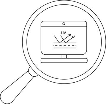 A magnifying glass reveals a computer screen displaying the letters UV above an abstract line diagram vector