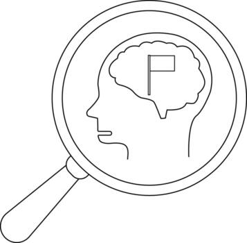 Magnifying glass focuses on a brain inside a head outline with a flag inside the brain vector