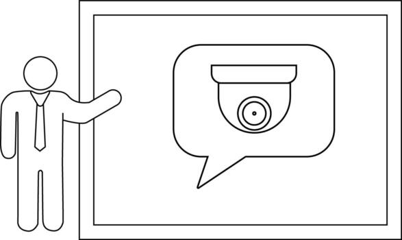 A stick figure presents a security camera displayed in a speech bubble on a whiteboard vector