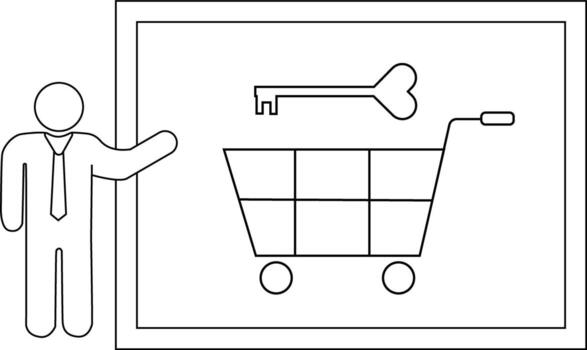A person stands next to a framed image of a shopping cart and a key vector