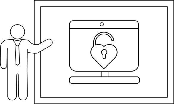 Drawing of a person pointing to a computer showing an unlocked heart padlock on a framed white background vector
