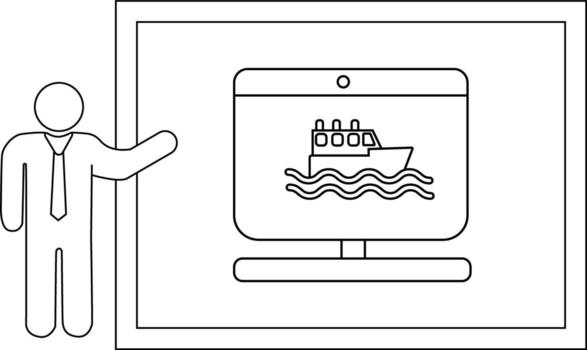 Man presenting a monitor displaying a ship on water in a framed setting vector
