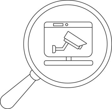Magnifying glass shows a computer screen displaying a security camera image vector