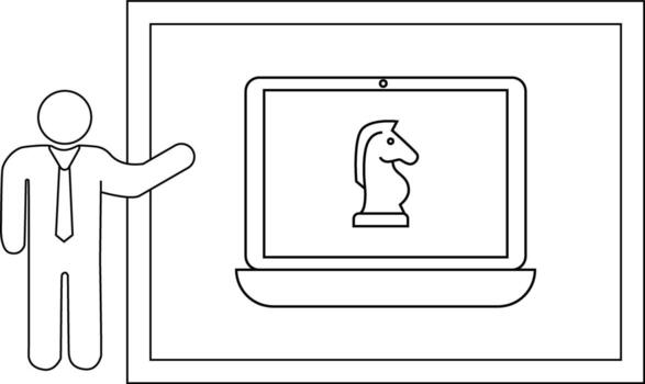 presentación escena con un palo figura un ordenador portátil y un ajedrez Caballero en el pantalla todas en contorno formar vector