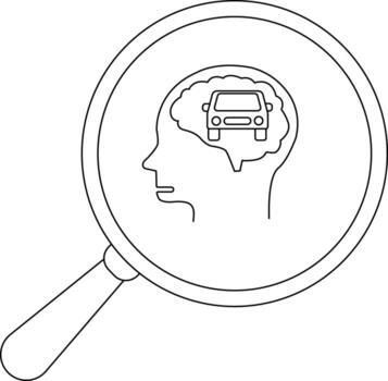 Outline of a head profile with a car inside viewed through a magnifying glass vector