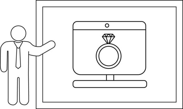 Stick figure gestures to framed display with a digital image of a ring on a monitor vector