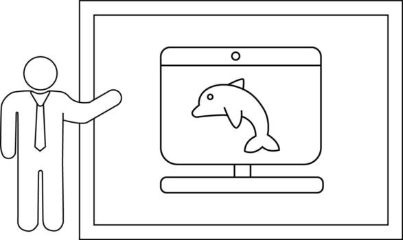 A person gestures towards a screen displaying a dolphin within a bordered frame vector