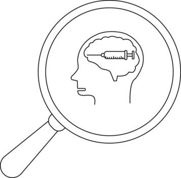 un aumentador vaso se enfoca en un cabeza contorno conteniendo un cerebro con un jeringuilla dentro vector