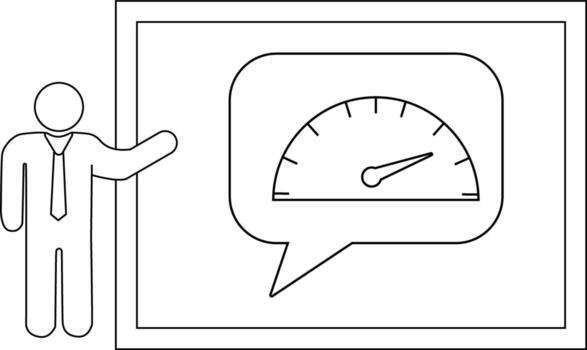 A figure presents a speech bubble containing a gauge on a rectangular display vector