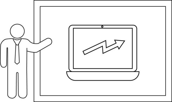 Presentation Stick figure giving presentation with laptop displaying upward trend line on screen framed in double border vector