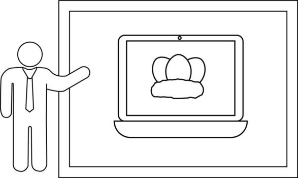 Stick figure presents laptop showing eggs in a nest on screen against a double framed backdrop vector