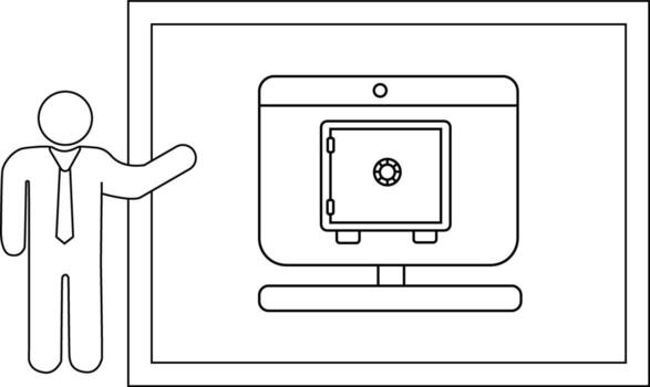 A stick figure presents a computer monitor displaying a safe in a framed setting vector