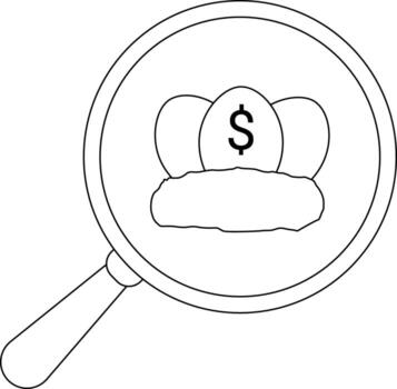 Magnifying glass focuses on a nest with three eggs the center one displaying a dollar sign vector