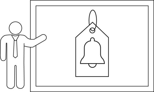 Figure in suit points to bellshaped object on frame vector