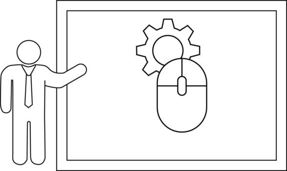 Stick figure presenting a computer screen with a mouse and gear icon vector