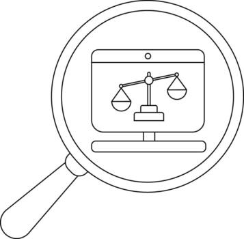 A computer screen with a scale of justice is displayed within a magnifying glass vector