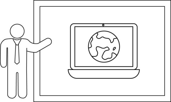 un figura gesticulando hacia un pantalla demostración un globo todas en un negro contorno dibujo vector