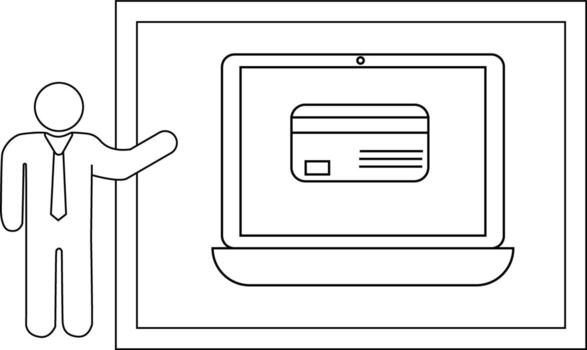 Man gesturing towards a laptop displaying a credit card on a framed screen vector