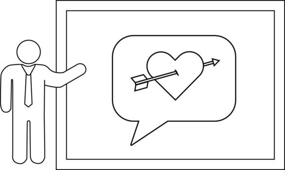 A stick figure is presenting a board with a heart pierced by an arrow inside a speech bubble vector